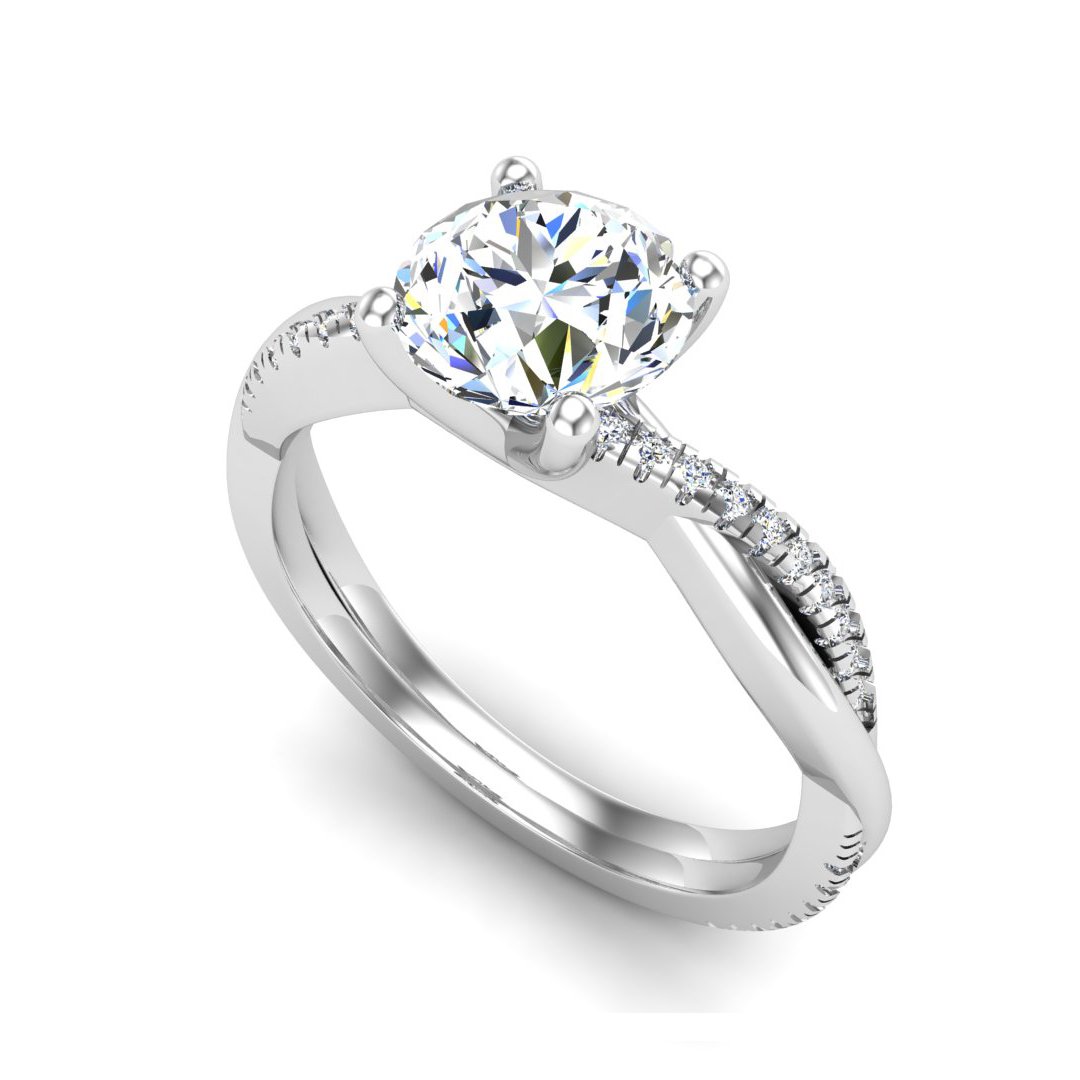 Eskarra Twisted Pave Engagement Ring in white gold with a round center stone, 3D view